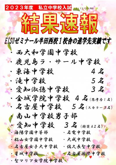 2023年度 私立中学受験部 合格結果 | 中学受験